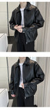New Autumn Men's Casual Textured PU Leather Jacket High Street Zip-up Turn-down Collar Solid Color Long Sleeve Retro Coats M-3XL