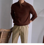 Men's American Retro Polo Sweater Luxury Trendy Business V Neck Knit Solid Color Pullover Leisure Slim-fit Long Sleeve Knitwear