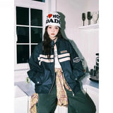 American Retro Striped Coat Contrasting Color Spliced Leather Jacket Japanese Spring Couple Racing Style Leather Jacket Chic