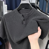 New Men Luxury Chinese O Collar T-Shirt Leisure Slim Button-down Solid Color Short Sleeve Tops Summer Breathable Basic Knitwear