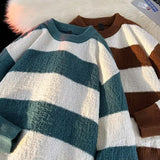 Striped Sweaters Men Fashion Loose Casual Autumn Winter Round Neck Panelled Couple Japanese Style Unisex Streetwear Knitting
