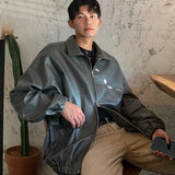 Men's Casual Texture PU Leather Jacket High Street Zipper Turn-down Collar Solid Color Long Sleeve Retro Coat Autumn M-3XL