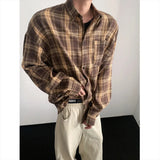 Black Long Sleeved Shirt Men Retro Plaid Shirt Men Japanese Streetwear Loose Casual Shirt Mens Fashion Shirts Plus Size 5XL