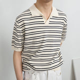 Summer Men's Clothing Light Luxury Knitted Polo Shirt Leisure Striped V-Neck Solid Color Short Sleeve Fashion Retro Knitwear