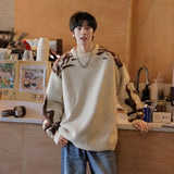 Korean street style men and women trendy personality contrasting color round neck sweater couple winter loose casual knitted top
