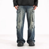 Hip hop men and women trendy straight leg multi pocket washed jeans American spring and autumn couple loose retro casual pants