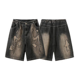 Hip Hop Denim Shorts Men Streetwear Vintage Patch Jeans Short Oversized Harajuku Embroidery Black Baggy Knee Length Pants Unisex