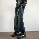 Mens Straight Leg Jeans Elastic Waistband Drawstring Comfort Fit Denim Casual Trousers Adjustable Waist Relaxed Fit