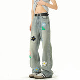 Blue Jeans Men Fashion Casual Straight Jeans Streetwear Hip-hop Loose Flower Jeans Mens Vintage Denim Pants Man Trousers