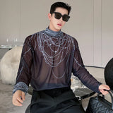 Men's T-shirt New Trendy Pearl Printing Contrast Color Stand Collar Baggy Male Long Sleeve Tops Niche Design Spring