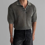 Streetwear Fashion Knit Mesh Polo Shirts For Men Summer Short Sleeve Button Hollow Out Mesh Tops Mens Stylish Short Sleeve Polos