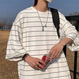 Black Summer Korea T-Shirt Men Funny Harajuku Tshirt Streetwear Femme Striped Japan O-Neck Loose Half Sleeve T Shirts Male