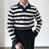 American Chic Striped Men Polo Sweater Luxury Trendy Business V Neck Knit Solid Color Pullover Leisure Slim Long Sleeve Knitwear