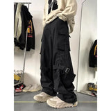 Spring Autumn Men's Clothing Solid Color Elastic High Waisted Pockets Casual Loose Fashion Trousers Cargo Preppy Style Pants