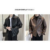 New Autumn Men's Casual Textured PU Leather Jacket High Street Zip-up Turn-down Collar Solid Color Long Sleeve Retro Coats M-3XL