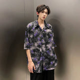 Summer Floral Printing Short Sleeve Shirts Men Fashion Casual Loose Shirt Korean Street Style Ice Silk Cool Blouse Mens Shirt