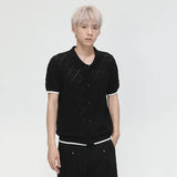 Niche Design Men's T-shirt Turn-down Collar Contrast Color Knitting Hollow Out Short Sleeve Single Breasted Male Tee