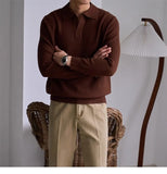 Men's American Retro Polo Sweater Luxury Trendy Business V Neck Knit Solid Color Pullover Leisure Slim-fit Long Sleeve Knitwear