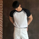 Summer Men's Clothing Light Luxury Knit O Neck Short-sleeved T Shirt Patchwork Leisure Korean Popular Streetwear Retro Knitwear