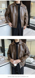 New Autumn Men's Casual Textured PU Leather Jacket High Street Zip-up Turn-down Collar Solid Color Long Sleeve Retro Coats M-3XL