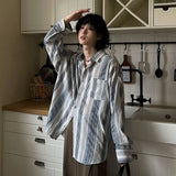 Korean Style Men's Shirt Stripe Casual Lapel Long Sleeved Pocket Contrast Color Single Breasted Male Top New Fashion