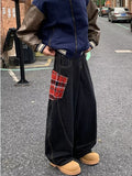Y2K Streetwear Red Plaid Washed Black Baggy Cargo Jeans Pants For Men Clothing Straight Long Trousers Ropa Hombre