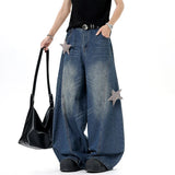 Workwear Curved Knife Jeans Men American Style Star Decoration Wide Leg Male Denim Pants Baggy Straight Trousers New