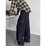 Harajuku Vintage Dark Blue Cargo Pants Jeans men Multi-pockets Male Loose Straight Denim Pants Four Seasons Trousers Streetwear