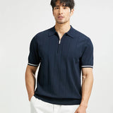 Men's Casual Zipper Polo Shirt Solid Color Texture Lapel Breathable  Leisure Tees for Men Summer Light Luxury Knitwear New