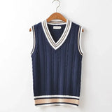 Striped White Knitted Sweaters for Men Blue Sleeveless Man Clothes V Neck Vest Red Waistcoat Jumpers Sweat-shirt Cigaret Cotton