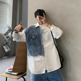 Denim Patchwork White Shirt Men Lapel Long Sleeve Button Loose Tops Spring Autumn Fashion Vintage Shirts Streetwear Male