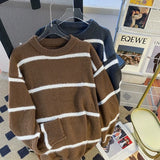 New Korean Trendy Men Sweater Light Luxury Knitted Drooping Stripe O Neck Long Sleeve Pullover Casual High Street Knitwear M-3XL