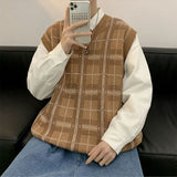 Sweater Vest Men Japanese Plaid V-neck Knitwear Fashion All-match Sleeveless Spring Soft Ins Clothing Classic Minimalist Stylish