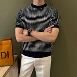 New Trend Men Striped T-shirt Light Luxury Popular Slim-fit O Neck Tees Leisure Premium Tops Korean Style Short Sleeve Knitwear