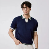 New Japanese Trendy Men Polo Shirt Light Luxury Slim-fit V Neck T-shirt Leisure Patchwork Short Sleeve Tops Retro Knitwear M-3XL