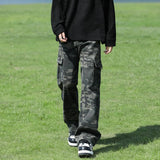 Autumn New Men's Fashion Korean Wide Leg Jeans Camouflage Patch Pocket Loose Straight Trousers Elastic Waist Pants Male