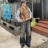 Men Leopard Print Vests Spring Fashion V-neck Paper Clip Simple Sleeveless Loose Simple Casual Streetwear Male Waistcoats