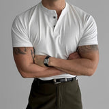Spring Summer Casual Henley Shirts Mens Vintage Solid Color Buttoned O Neck Tees Men Stylish Slim Fit Short Sleeve T-shirt