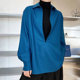 Summer New Solid Color Long-sleeved Lapel Shirt Mens French Neutral Elegant Retro Deep V Top Niche Business Blouse Clothing