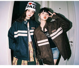American Retro Striped Coat Contrasting Color Spliced Leather Jacket Japanese Spring Couple Racing Style Leather Jacket Chic