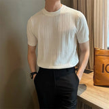 Men's Clothing Fashion Hollow Out Tops Knit Luxury O Neck Short-sleeved T-shirt Leisure Korean Popular Retro Slim-fit Knitwear