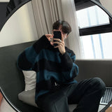 Men's Knitted Light Luxury Pullover Sweater Men Casual Striped Vintage Loose O Neck Solid Color Long Sleeve Streetwear Knitwear