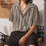 New Japanese Chic Men Shirts Light Luxury Striped Cuban Collar Half Sleeve Cardigan Summer Trendy Leisure Breathable Tops M-3XL