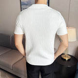 Men Striped Polo Shirt Summer Light Thin Breathable Solid Casual Elastic Slim Fit Short Sleeved V-neck T-shirt Men Clothing
