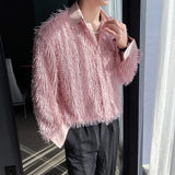 Off White Long Sleeved Shirt Men Fashion Society Mens Dress Shirt Korean Loose Casual Shirt Mens Pink Tassels Shirts M-2XL