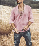 Men's T-shirt Short Sleeve Chest Lace-up T-shirt Loose Top Summer V-Neck Medieval Tunic Top