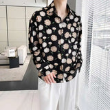 Summer Long Sleeved Shirt Men Fashion Society Mens Dress Shirt Korean Ice Silk Casual Shirt Mens Floral Shirts M-2XL