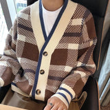Autumn Men's Luxury Knitted Plaid Printed Buttons Cardigan Sweater Long Sleeve Streetwear Leisure Coat Fashion Check Knitwear