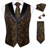 Men's Paisley Silk Suit Vest with Macthing Golden Paisley Neck Tie Handkerchief Cufflinks Wedding Prom Tuxedo Waistcoat