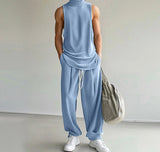 Men Sets Solid Color Streetwear Turtleneck Sleeveless Tank Tops & Drawstring Pants 2PCS Fashion Men's Casual Suits